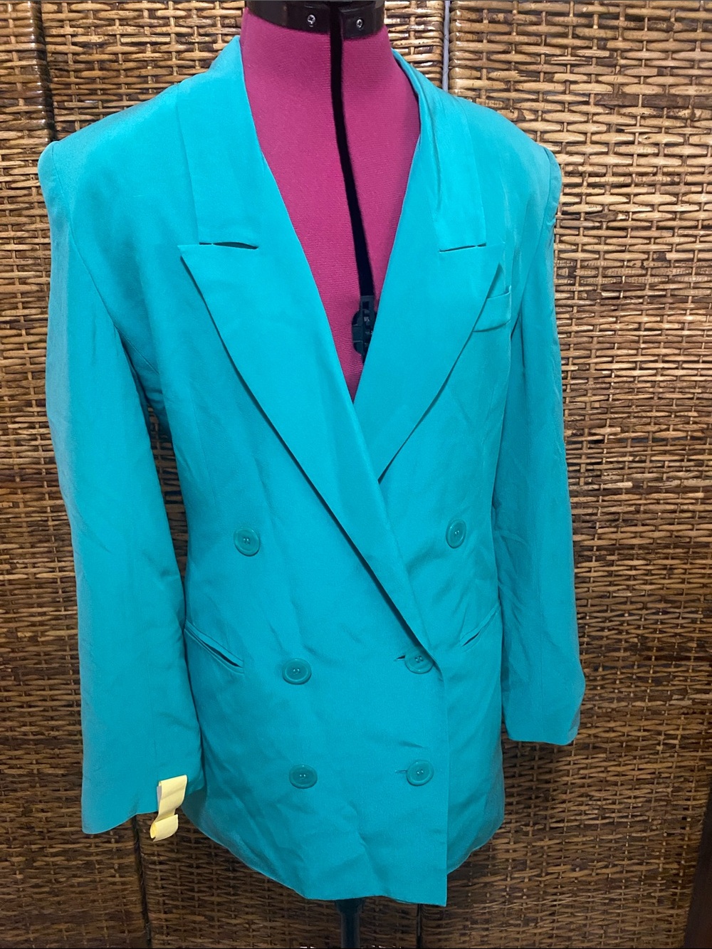 100% SILK Ellen Ashley teal green turquoise Long double breasted Blazer jacket 6